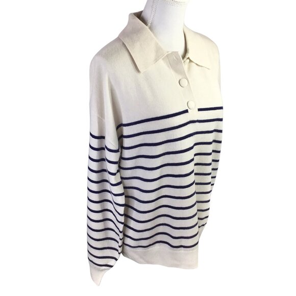 Paris Atelier & Other Stories Wool Sweater Striped Button Henley Large Ivory - Picture 4 of 10